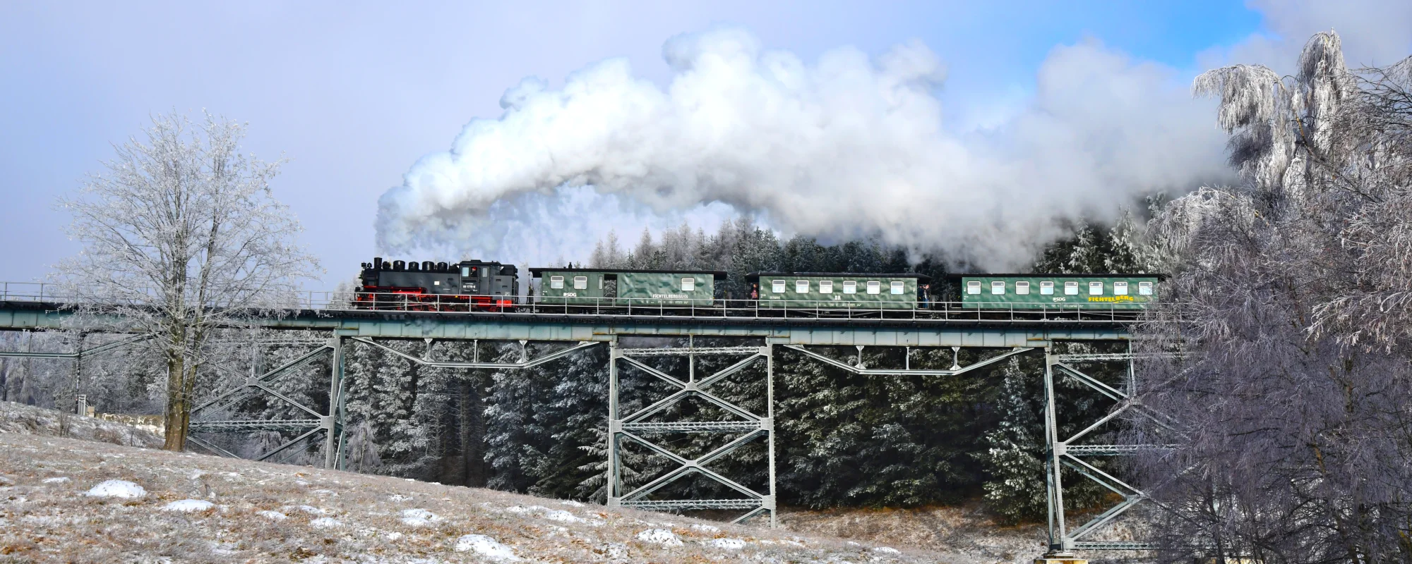 Dampfzug der Fichtelbergbahn in Kurort Oberwiesenthal